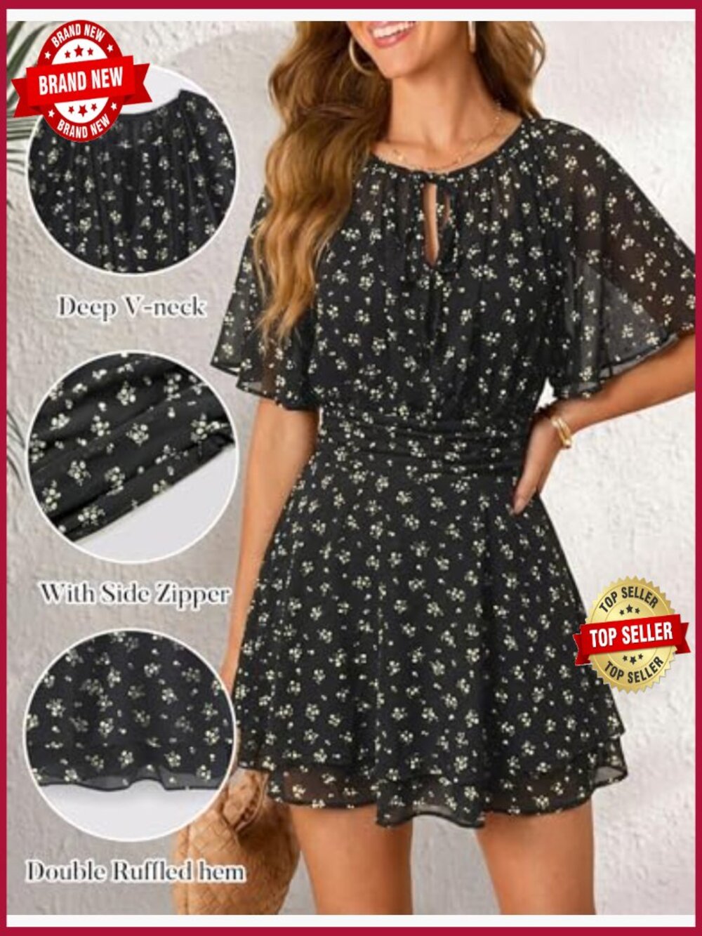 Chiffon Floral Mini Dress V-Neck Ruffle Bell Sleeve Beach Sundress - Picture 4 of 7